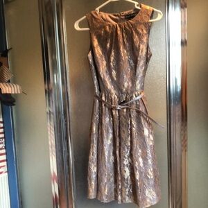 Jessica Howard 4p sleeveless dress.  Full skirt, brownish w/gold lace.